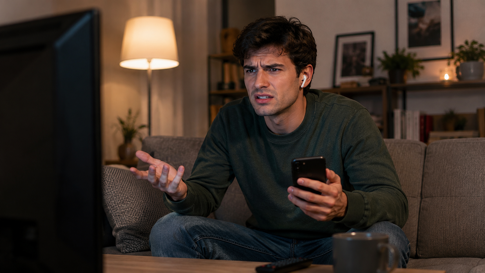 homem frustrado usando fone bluetooth com atraso de áudio ao assistir vídeo