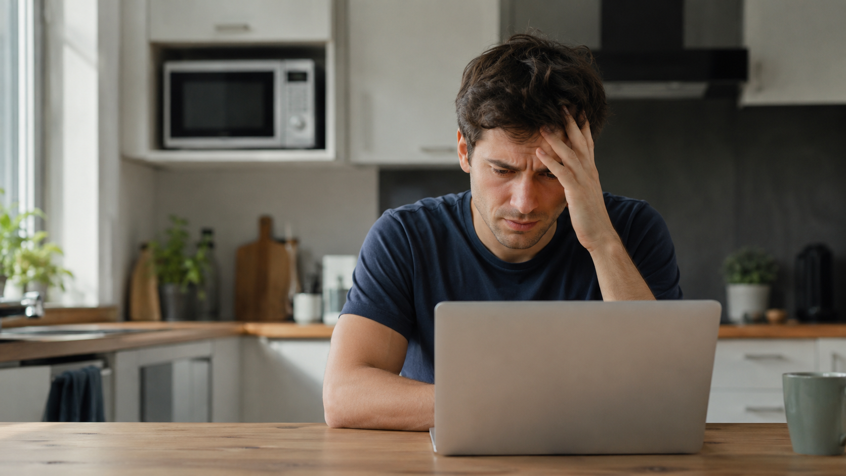 Pessoa frustrada com notebook na cozinha com micro-ondas ao fundo