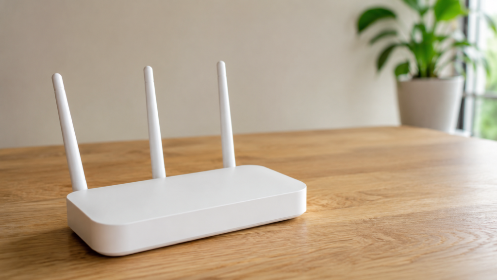 roteador Wi-Fi sobre mesa com fundo neutro